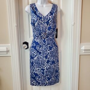 Tahari ASL Blue and White Midi Dress